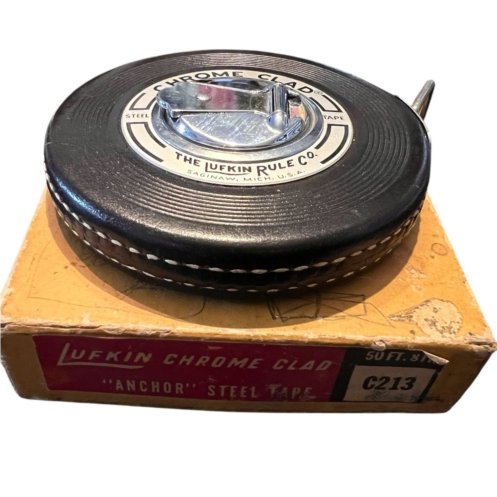 Antique Lufkin Rule Co Chrome Clad Steel Measure Tape in Box 50ft